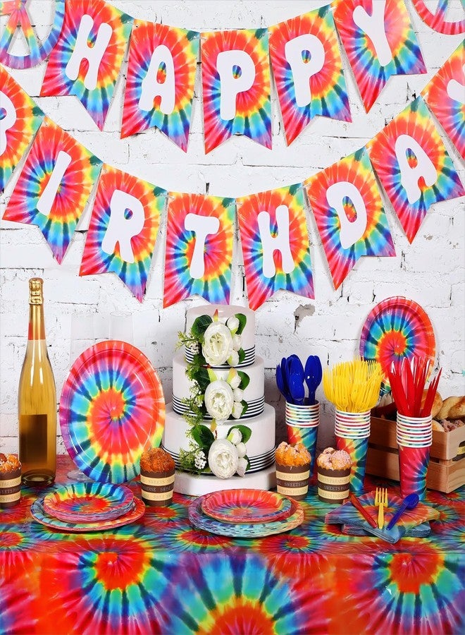 Yaomiao 171 Pcs Tie Dye Tablecloth Birthday Decorations Tie Dye Party Tableware Set Serves 24 Includes Tie Dye Birthday Banner Rainbow Tablecloth Paper Plates Napkins Cups and Disposable Cutlery - Image 3
